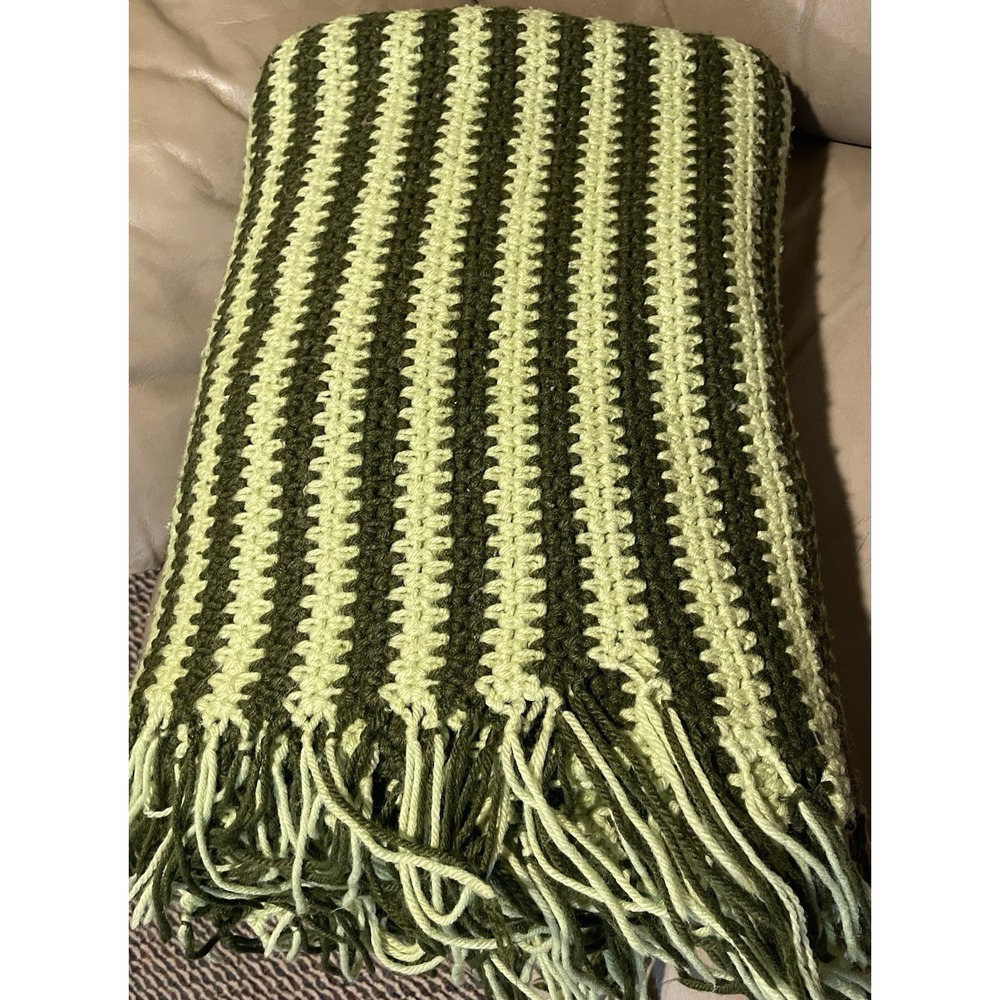 Handmade Throw Afghan Blanket Striped Dark Light Green Tassles Fringe 46" x 66"